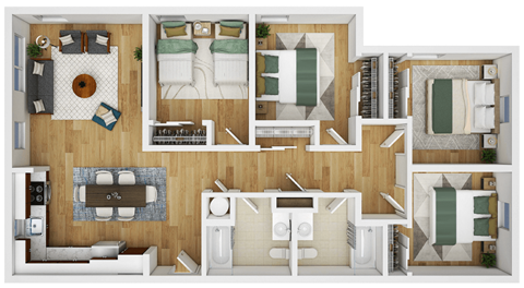 Floor plan for 4 beds, 2 baths, 1230 sqft